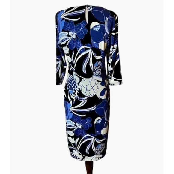 J. McLaughlin Dress Size Small Blue Catalina Cloth Large Floral Pattern 3/4 Slee - Picture 2 of 5